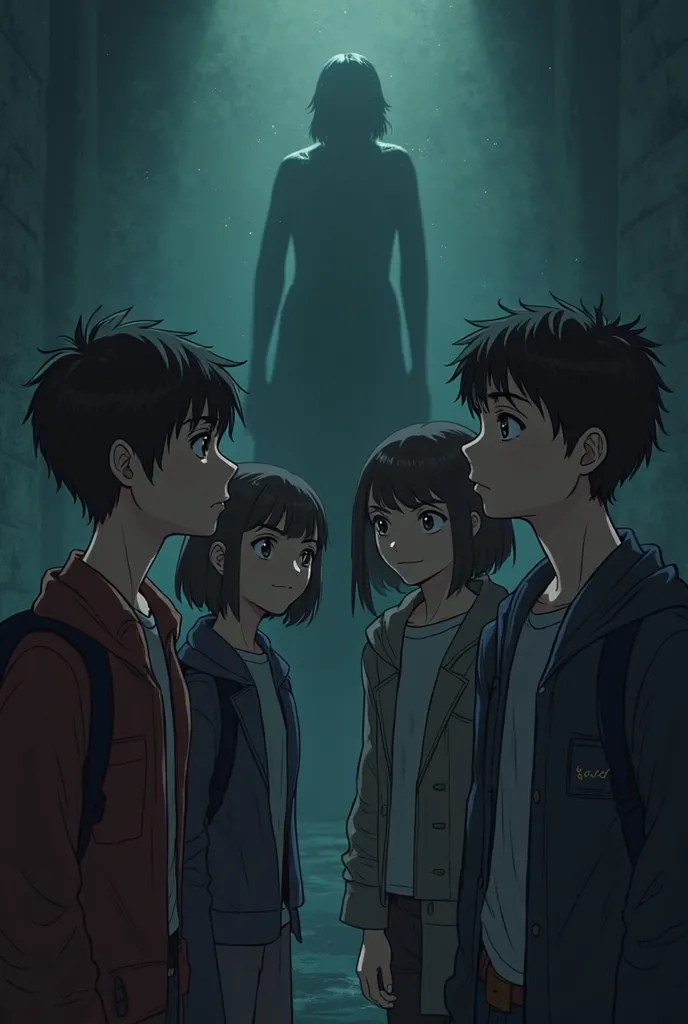 A group of students look at a mysterious shadow, who calls them. They have a mixture of fear and curiosity on their faces