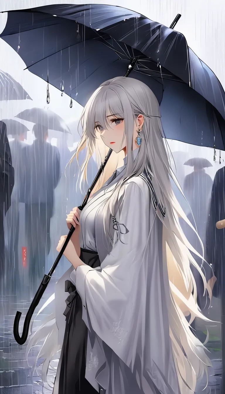  1 woman with an umbrella, solitary, long hair, shirt, white shirt, Bangs, Upper body,  Earrings,  jewelry, white hair, [Shut up、Look forward to 