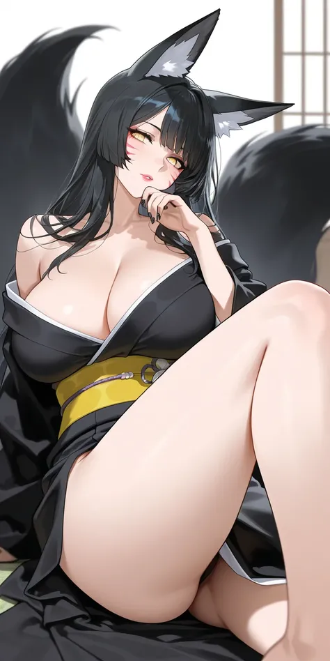 Mature female, black hair, long hair, fox ears, whisker markings on face, yellow eyes, dilated pupils, black kimono, thighs, fox tails, black nails, highly detailed, best quality