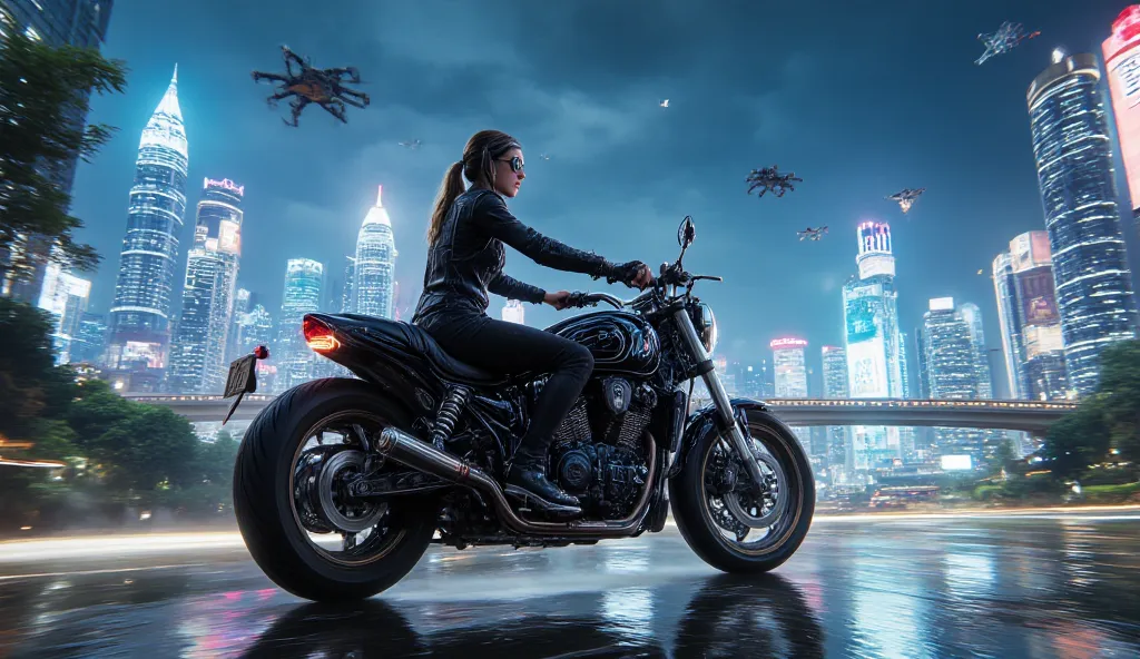 An imposing large displacement futuristic motorcycle travels along an illuminated road in the futuristic city. The motorcycle, with aerodynamic lines and exposed gear details, has a retro-futuristic design, merging the essence of classic motorcycles with a...