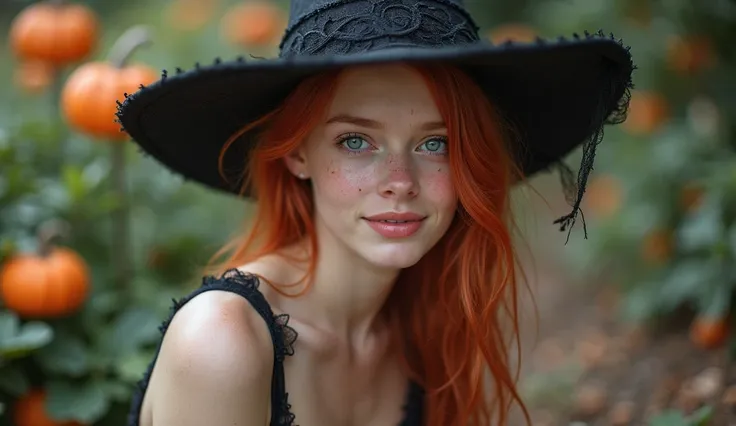  realistic photograph , girl, red-haired, 18 years old,  very white skin, thin, Cabela Ruivo, seeds,  freckles on the face,  blue eyes, Little Witch's Hat, lace panties, red pubic hair, black half, high heel,  pointed witch's hat ,  lip piercing, black lac...