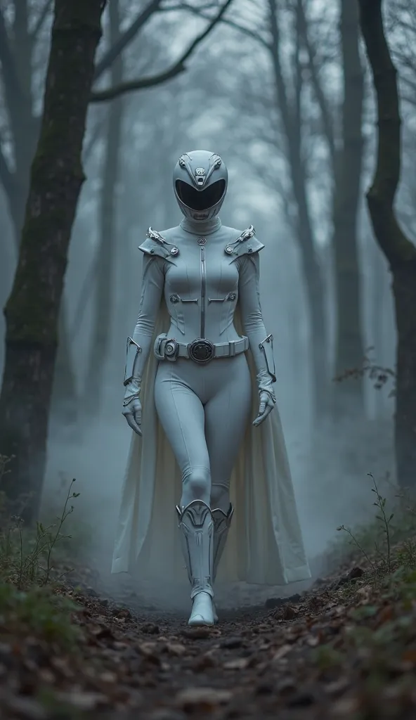 "A mysterious and elegant female White Ranger walks silently through a dense, misty forest. She wears her sleek, form-fitting white armored suit, designed for both agility and resilience. Her helmet remains on, completely concealing her face, its silver wo...