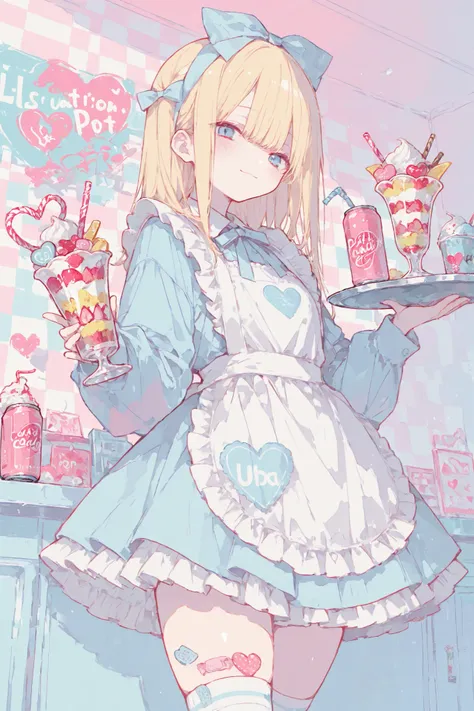 illustration, best quality, dramatic lighting,r17329_illu,usnr,masterpiece, best quality, 8k, highres, ultra-detailed,HDR, UHD, illustration, best quality, pop art,
,1girl, long blonde hair, blue eyes, hair bow, cute maid outfit, frilly dress, apron, thigh...