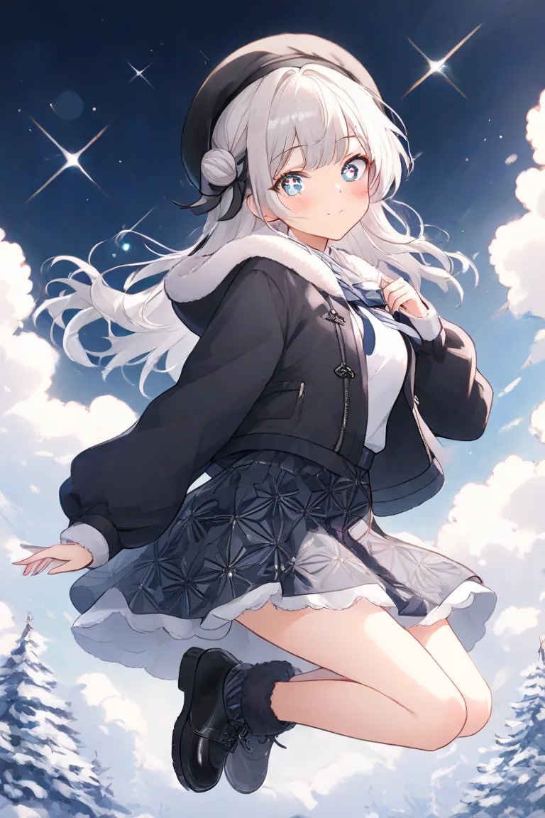 1 girl、 silver hair、Hair in a bun、winter、winter服、I'm wearing a fluffy jacket、Young、Baby Face、 droopy eyes 、Are you wearing fluffy shoes、 wearing a hat、Scandinavian design、 Nordic pattern clothes、cute、 cute、Warm attire、Plaid Skirt、Young、Young girl、Sparkling...