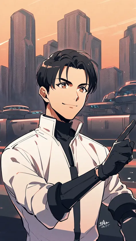 1Man，alone，  male focus  ，dark hair，  Tall Fit  ， Finger Gloves  ，Black Armored Robot Driving Suit， brown eyes，Upper body，Smile，Future city background  ，martial artist
