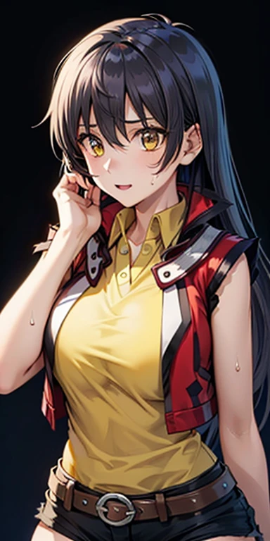 1 female, HD,High Resolution, super realistic,【8k,No, long hair,  Dark Hair, yellow eyes, Red Jacket  ,collared shirt,  Yellow Shirt, sleeveless, belt,  Black Shorts ,standing,  Alone ,  standing, masterpiece,  Best Quality,  detail capacity,   Fine eyes ,...