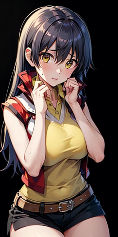 1 female, HD,High Resolution, super realistic,【8k,No, long hair,  Dark Hair, yellow eyes, Red Jacket  ,collared shirt,  Yellow Shirt, sleeveless, belt,  Black Shorts ,standing,  Alone ,  standing, masterpiece,  Best Quality,  detail capacity,   Fine eyes ,...