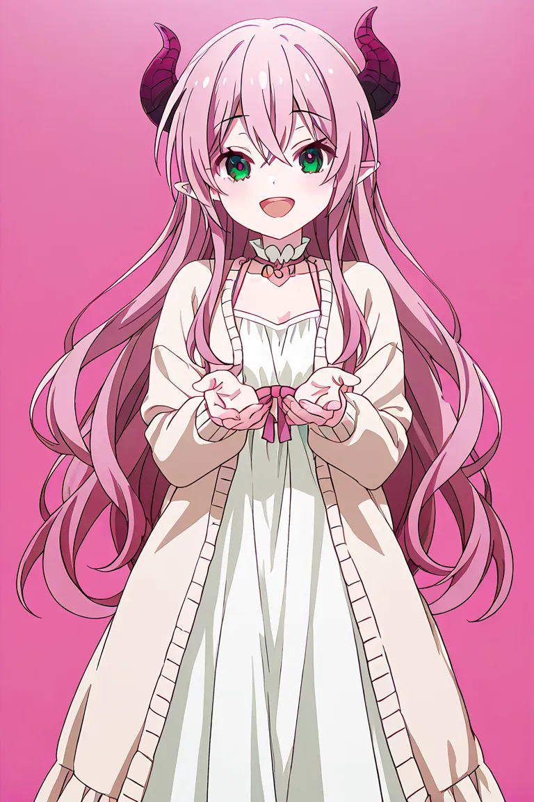 1girl, Rim \(happy sugar life\), anime screencap, masterpiece, best quality, A young woman dressed in cosplay poses confidently against a pink background pink hair, She has long, flowing hair styled in soft waves, horns, pointy ears, giving her a playful, ...