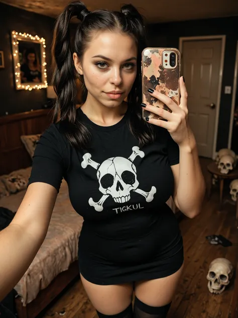 masterpiece, best quality, amazing quality, realistic, close-up photo, 1 girl, goth, funny pigtails, makeup, curvy, big breasts, long t-shirt with skull print, cleavage, thighhighs, posing, selfie, (looking at viewer:1.3), dark room, low light, depth of fi...