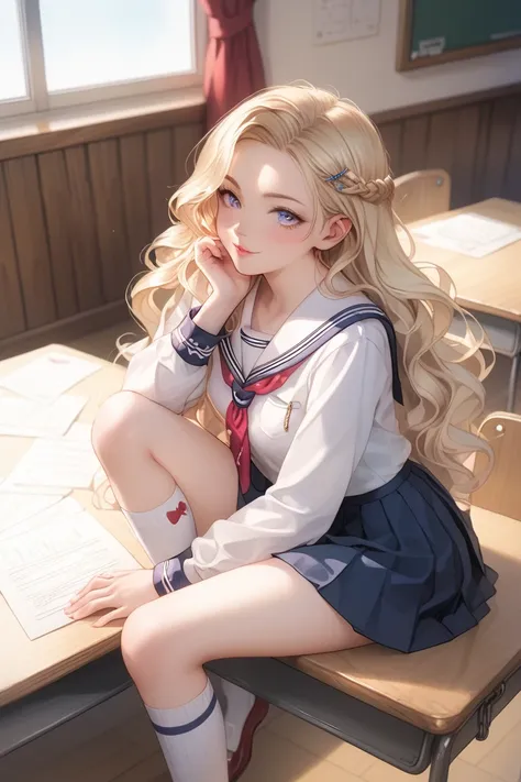 ，Her delicate face，Attracts attention {x} High quality anime scenes，spreads a charming air of mystery and quiet confidence {x} plays a quiet elegant girl dressed in school uniform, placed. She sat casually on the edge of a wooden desk, Her body is slightly...