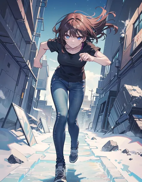 (masterpiece:1.2), swedish, dark auburn hair, tight tshirt, tight jeans, dystopian future, running from ice crystal rock monster