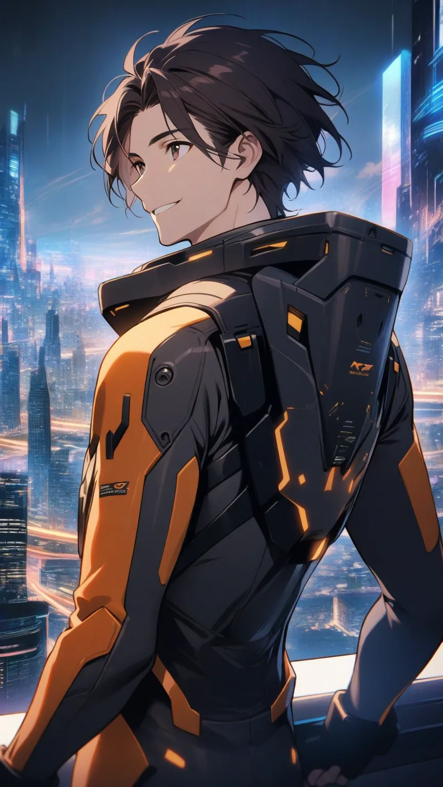 1Man，Alone， male focus ，dark hair， tall body ， fingertip gloves ，Dark Armored Robot Driving Suit，Brown eyes，Upper body，Smile，Future city background 
