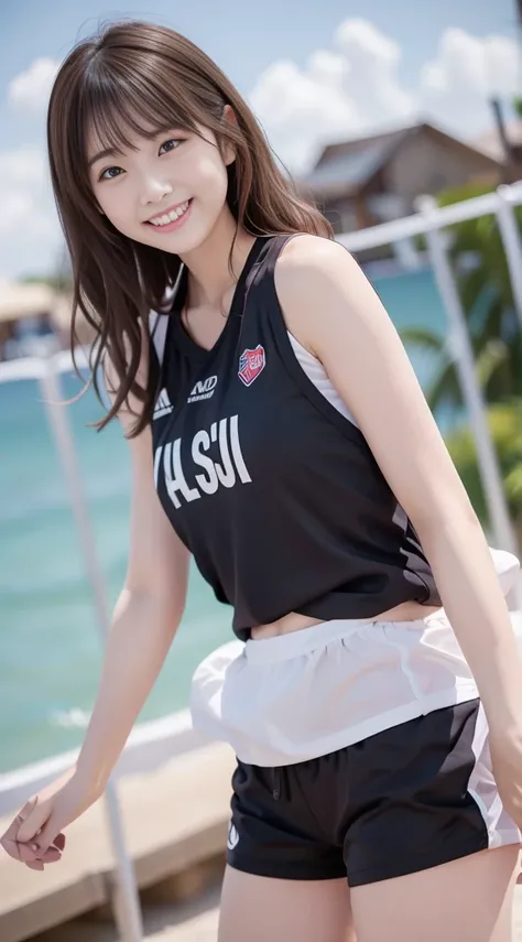 One Girls、 wavy curly hair 、Beach Volleyball Uniforms、 swimsuit,  happy smile, brown hair on both arms,