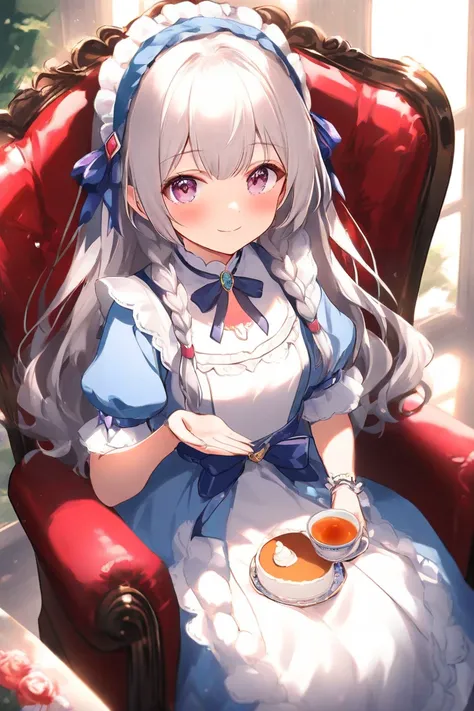 1 girl、I'm having a tea party with dolls、tea party set、 afternoon tea、 cake、Black tea、Young girl、Young、cute、sitting on a chair、it's fluffy、 hair is long、 braids、 dress、 Silver Hair、smile、Heartwarming、Mansion、noble、Young lady