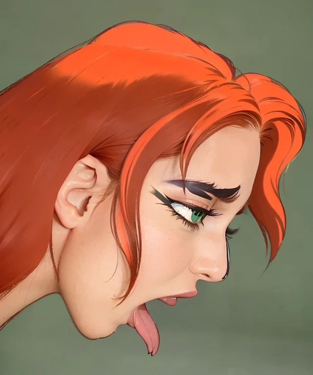 (masterpiece, best quality:1.2), 1girl woman in her 30 years, (realistic:1.5), hawkgirl as Isabela Merced shayera hol, Isabela Merced, red orange long hair, (side view profile:1.5), green eyes, makeup, half closed eyes, licking, green bedroom background, o...