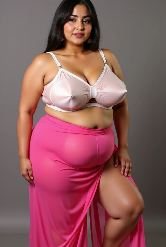 a beautiful curvy plus size indian bhabhi with fleshy arms, wide fleshy Belly big navel ,low hip and fat thick butts, wearing white bra and pink. skirt