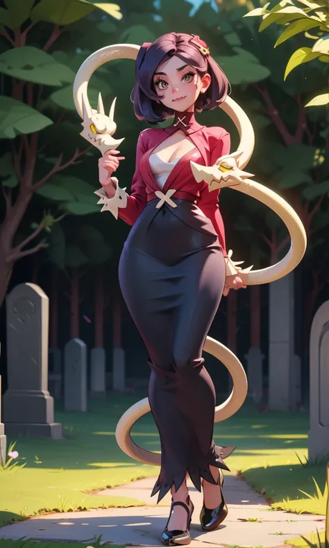 masterpiece, high detail, a beautiful girl, squigly, skullgirls, a snake in the head, stitched mouth, smile, full body, skinny, slim and tall, flat chest, long dress, black dress, long skirt, black shoes, pose sexy, manos en las hips, textured skin, walkin...