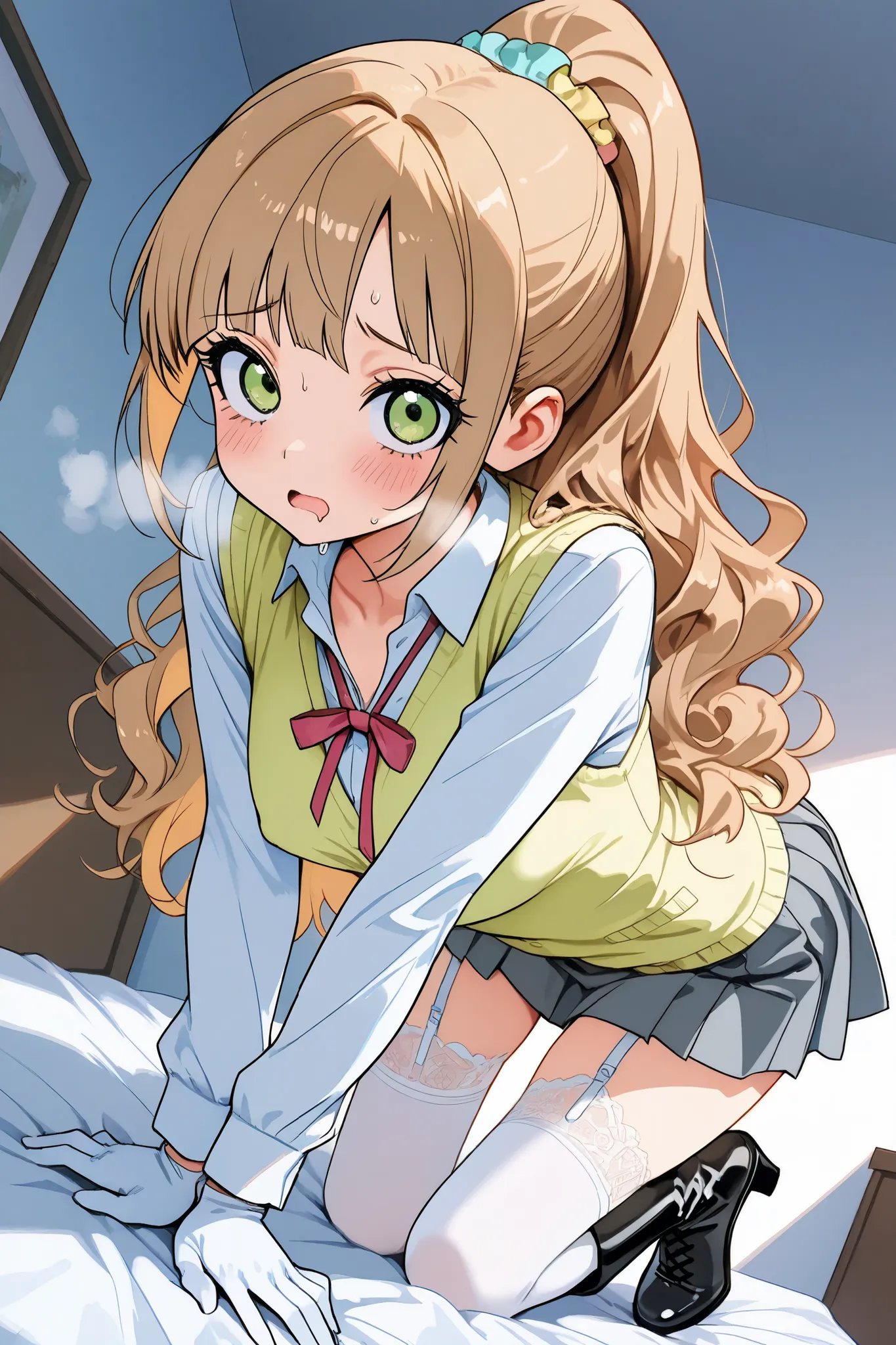 kotoko_ijichi,1 female,solo,
light brown hair,natural wavy hair,ponytail,curly bang,long bob,
hair ornament,side bangs,tendrils,fliped hair

light green eyes,big eyes,
pretty,large breast,nipple,looking at viewer,
dutch angle,cowboy shot,

back,crawling on...