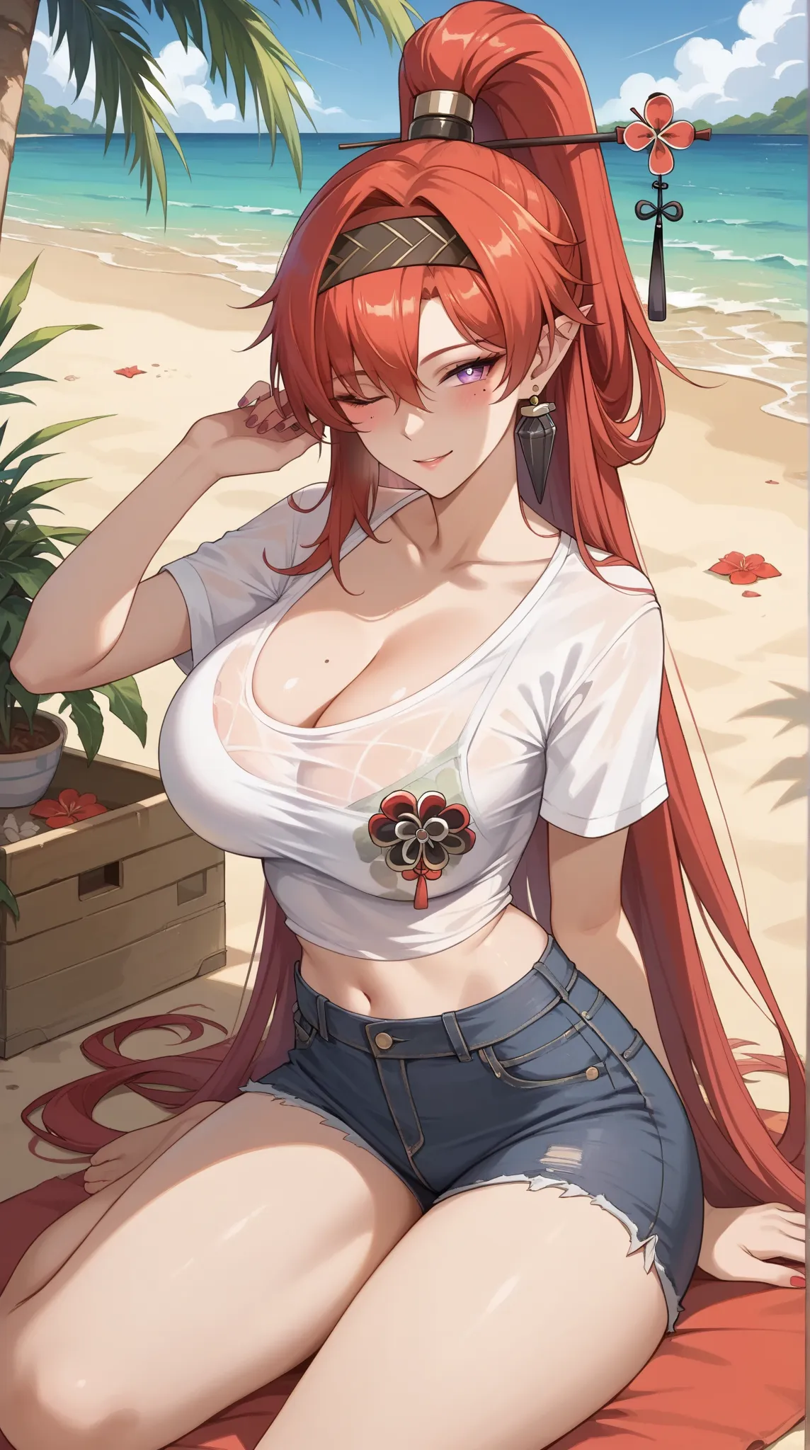 ((Yinlin, red hair, mole under eye, purple eyes, hair stick, hair ornament)), 1girl, huge breasts, huge butt, thick thighs, sensual woman, mature female, blushes, cleavage, full body, source_anime, quality_masterpiece, anatomically correct, beautiful face,...