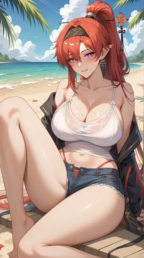 ((Yinlin, red hair, mole under eye, purple eyes, hair stick, hair ornament)), 1girl, huge breasts, huge butt, thick thighs, sensual woman, mature female, blushes, cleavage, full body, source_anime, quality_masterpiece, anatomically correct, beautiful face,...