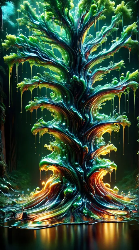 [a redwood tree standing in a pool of liquid metal with green and red hues, Very shiny, Smooth surface texture, polished surface, reflective, Front 45 degree angle, Inlay ral-chrome, PhotoPractical, HyperPractical, Ultra Detailed, Analog style, Delicate sk...