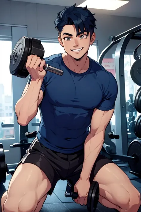 Perfect face. Perfect hands. A dark blue haired man with a silver eyes with short hair in a t-shirt and shorts is smiling while working out in the gym