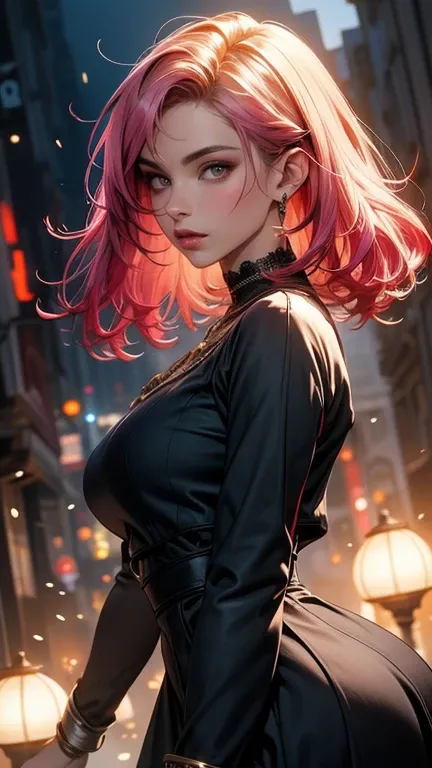 A cinematic medium shot of a dark fantasy scene with a powerful and enchanting female protagonist with striking neon pink hair. She dons a form-fitting outfit adorned with intricate architectural, anime, graffiti, and 3D render details. The background mast...