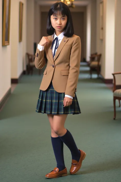 camel colored blazer 、white shirt 、 blue ribbon tie、 blue and green plaid pleated skirt、 dark blue socks、Wore brown loafers、A beautiful Japanese high school girl、 Standing in a Hotel Hallway 