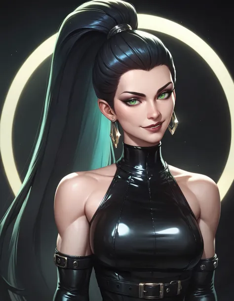 female black sleeveless latex turtleneck, black belt, racerback, bare shoulders, long gloves, black gloves, toned arms, beautiful faces, black ponytail with showing forehead, long ponytail, earrings, soft smooth skin, pale skin, black background, green eye...