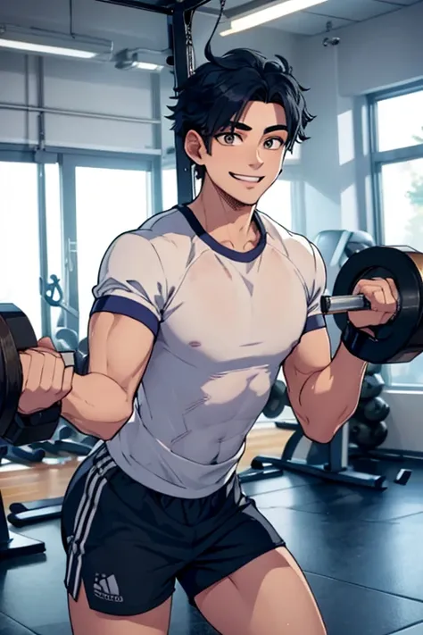 Perfect face. Perfect hands. A dark blue haired man with a silver eyes with short hair in a t-shirt and shorts is smiling while working out in the gym