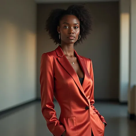 beautiful ruanda woman in a satin office outfit