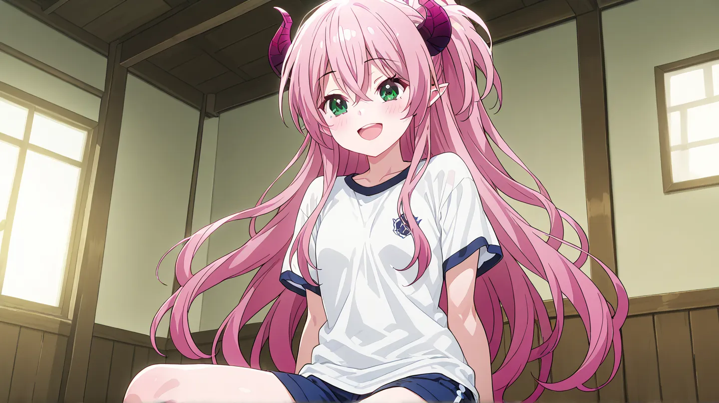 1girl, Rim \(happy sugar life\), anime screencap, masterpiece, best quality, A young woman dressed in cosplay poses confidently against a Sports fields in Japanese school background pink hair, She has long, flowing hair styled in soft waves, horns, pointy ...