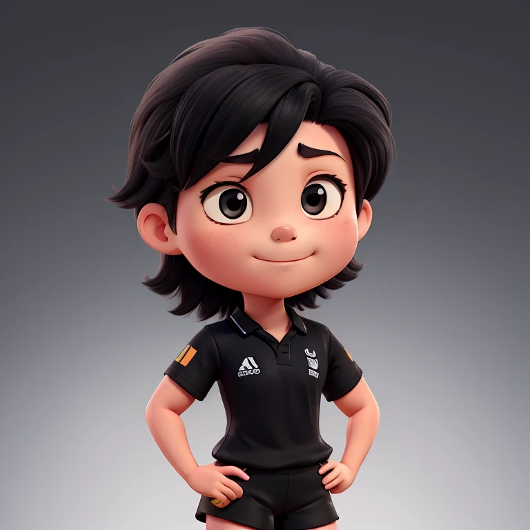 a chibi drawing of a rugby athlete, with a rugby uniform, black blouse and black shorts, with some white lines, all black, serious posture, dark aesthetic, opaque background