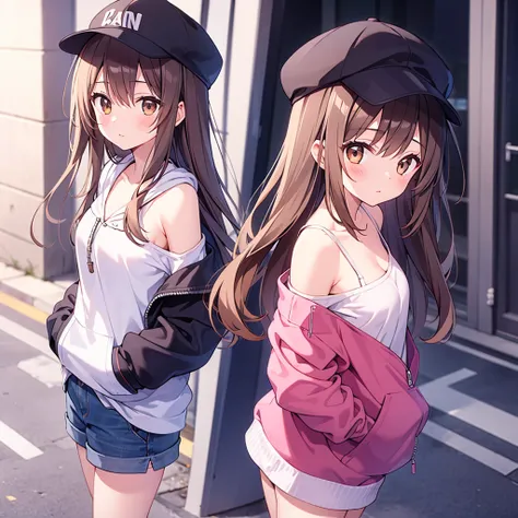  masterpiece,1 girl,Alone, long hair,brown hair on both arms, hoodie, off shoulder :1.2, [ mob cap, street, place your hand on your lower back,   hand in pocket,