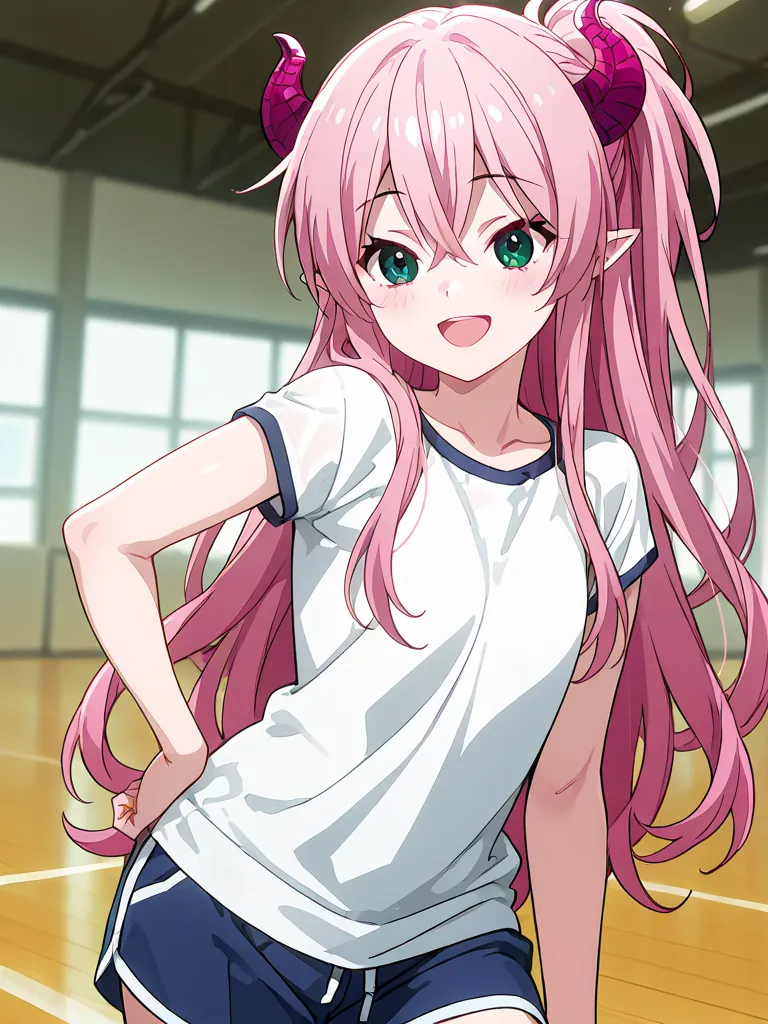 1girl, Rim \(happy sugar life\), anime screencap, masterpiece, best quality, A young woman dressed in cosplay poses confidently against a Sports fields background pink hair, She has long, flowing hair styled in soft waves, horns, pointy ears, giving her a ...