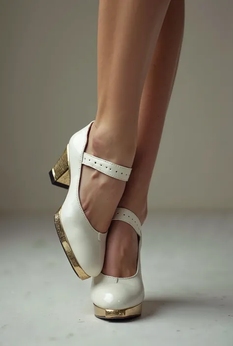 Woman’s feet in white Mary Jane tap shoes. Metal dance plates are attached to the toes and heels of the tap shoes.