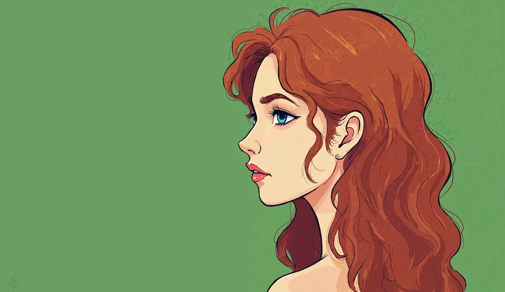 The side profile of a young woman with long, curly red-brown hair and blue eyes. The girl looks to the left. The picture should be simply drawn and have a green background