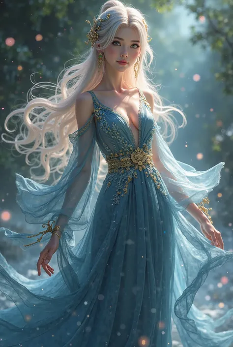 A highly detailed, semi-realistic 3D fantasy anime girl, inspired by Chinese xianxia and wuxia aesthetics, wearing an elegant, glowing dress with intricate embroidery a flowing, midnight-blue silk gown, translucent, mist-like sleeves, golden belt at her wa...