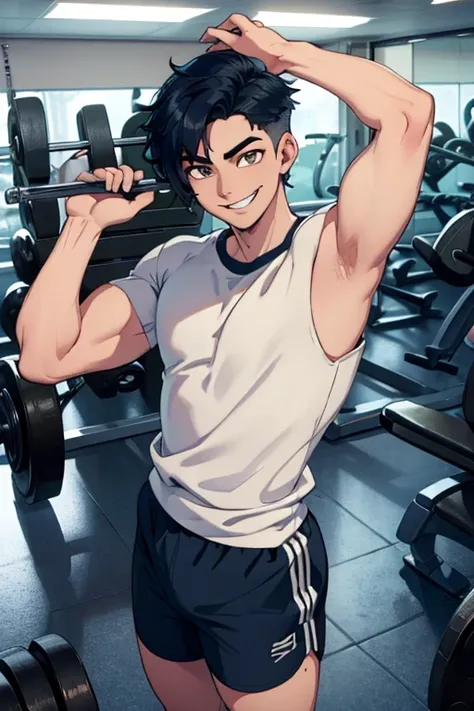 Perfect face. Perfect hands. A dark blue haired man with silver eyes with short hair in a t-shirt and shorts is smiling while working out in the gym