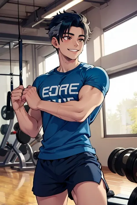 Perfect face. Perfect hands. A dark blue haired man with silver eyes with short hair in a t-shirt and shorts is smiling while working out in the gym