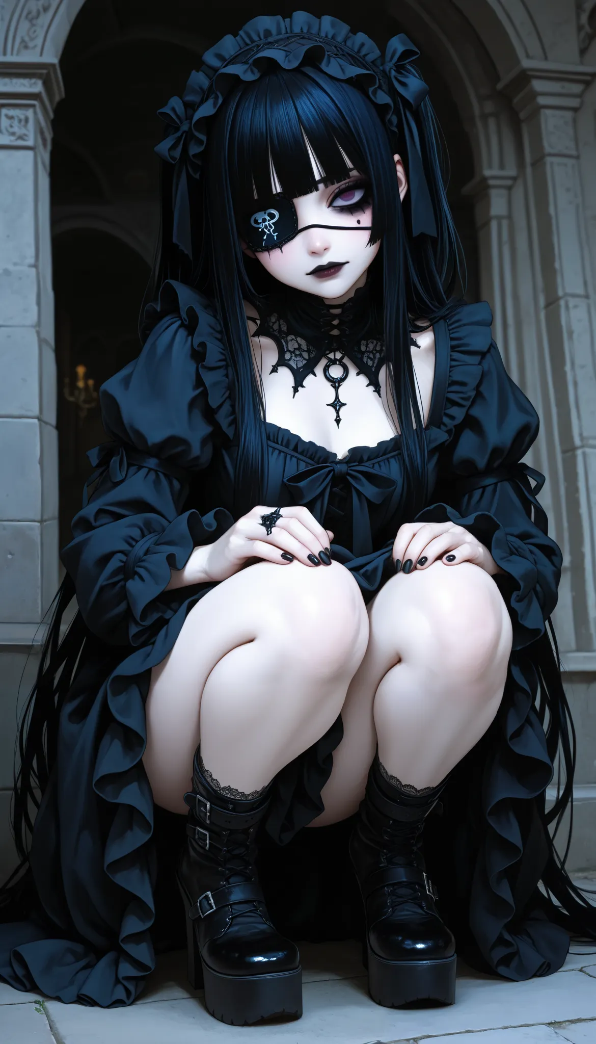 Detailed face,full body, beautiful face,gothic girl, knee-length blouse, eye patch ,black nails, dark makeup,crouching,mysterious,penetrating look,