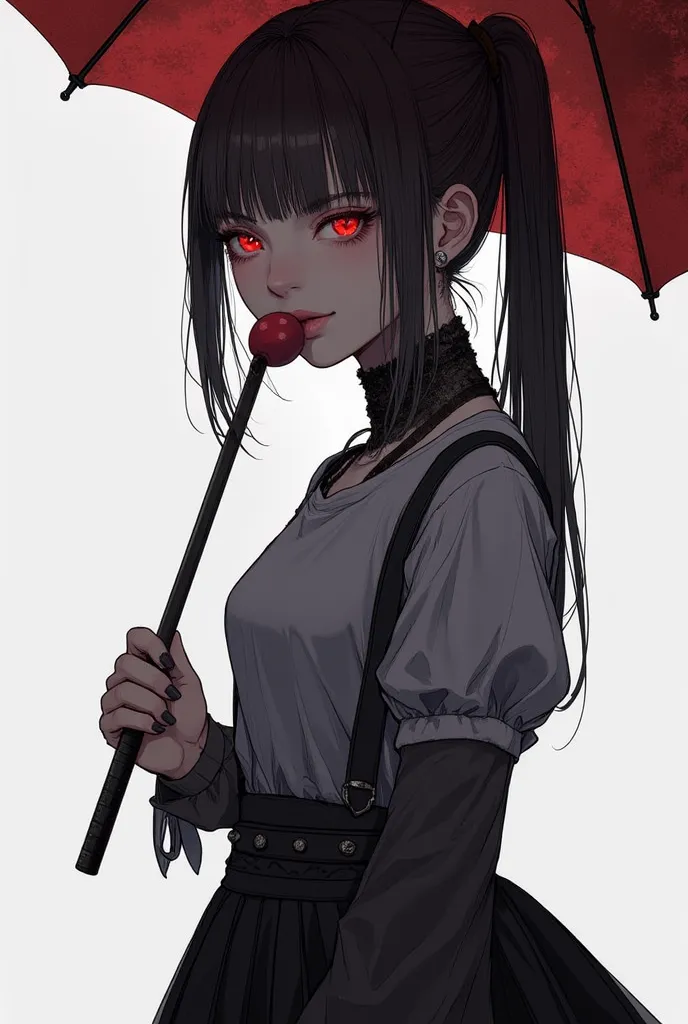 A vampire woman, She has a small size, She has hair I want, her hair is tied in Maria Chiquinha, She wears a long sleeve t-shirt, She wears a short skirt , She's holding an umbrella, She has a lollipop in her mouth, Fantasy, medieval,rpg