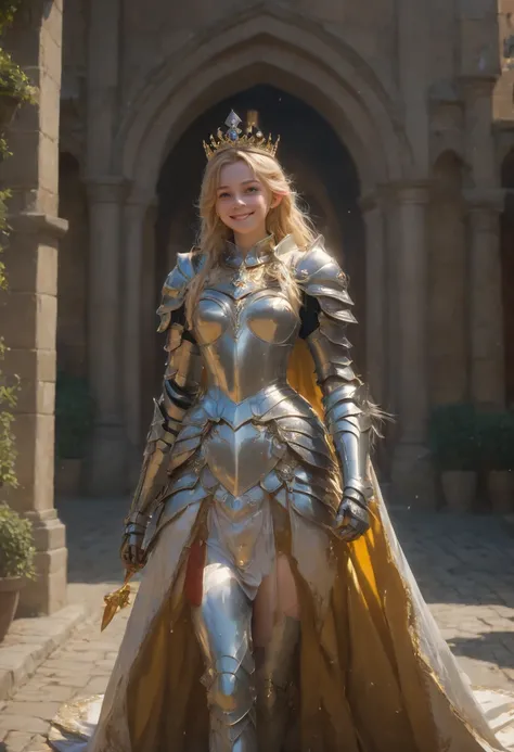 Once upon a time, live the beautiful princess, with golden armor and cloak, blonde hairs, crown on the head, waiting someone for a love, she have beautiful smile, courtyards, full body, (Masterpiece), (best quality), (high quality), (extremely detailed) CG...