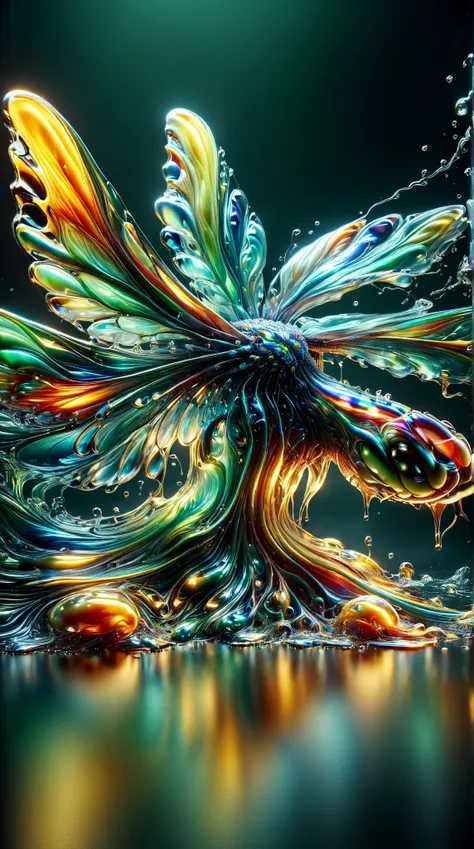 [a dragonfly floating above a pool of liquid metal with green and red hues, Very shiny, Smooth surface texture, polished surface, reflective, Front 45 degree angle, Inlay ral-chrome, PhotoPractical, HyperPractical, Ultra Detailed, Analog style, Delicate sk...