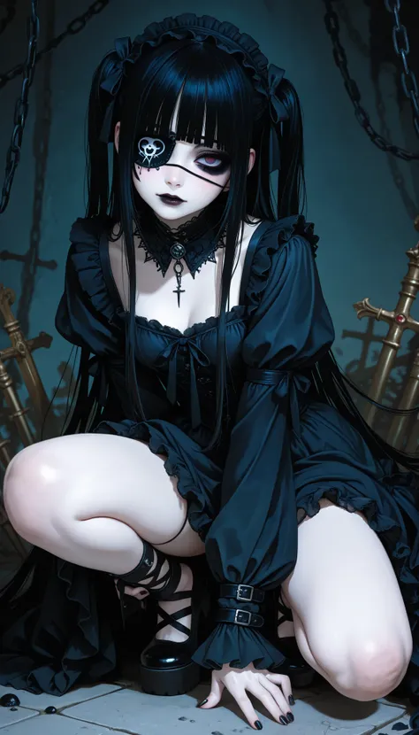 Detailed face,full body, beautiful face,gothic girl, knee-length blouse, eye patch ,black nails, dark makeup,crouching,mysterious,penetrating look, one leg stretched