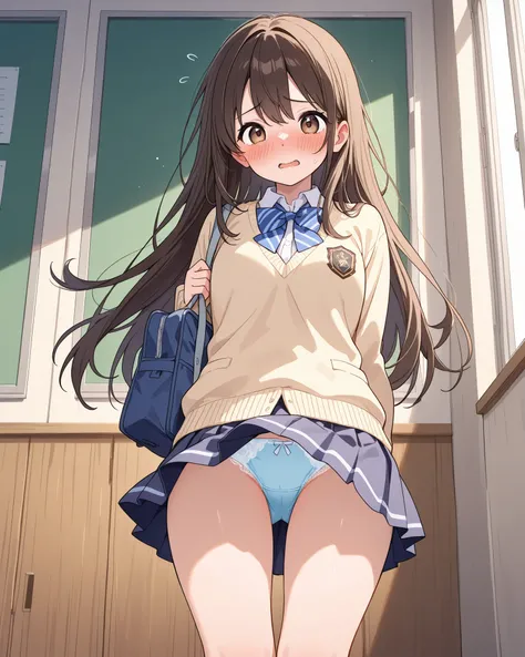 long hair、 miniskirt、The wind flipped my skirt up、Female high school student who sees underwear and is embarrassed