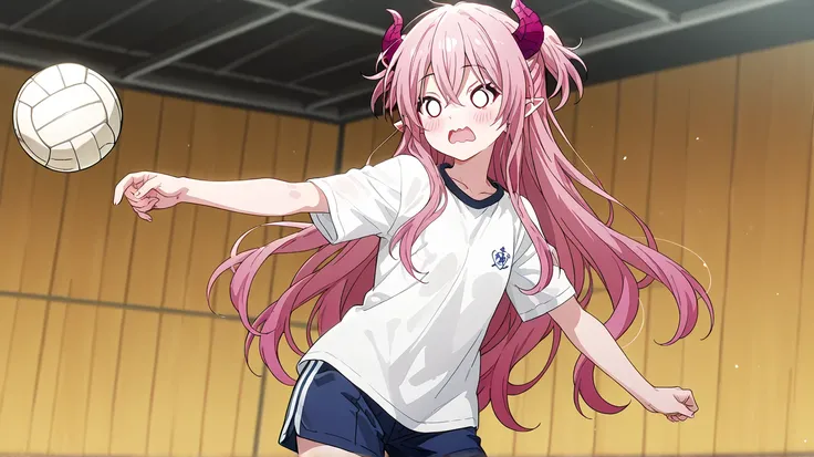 1girl, Rim \(happy sugar life\), anime screencap, masterpiece, best quality, A young woman dressed in cosplay poses confidently against a Sports fields background pink hair, She has long, flowing hair styled in soft waves, horns, pointy ears, giving her a ...