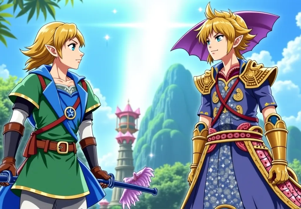 Anime King Zelda wearing a Massive popped collar with a collar so high it's taller than his head he's standing with his Princess Linkle