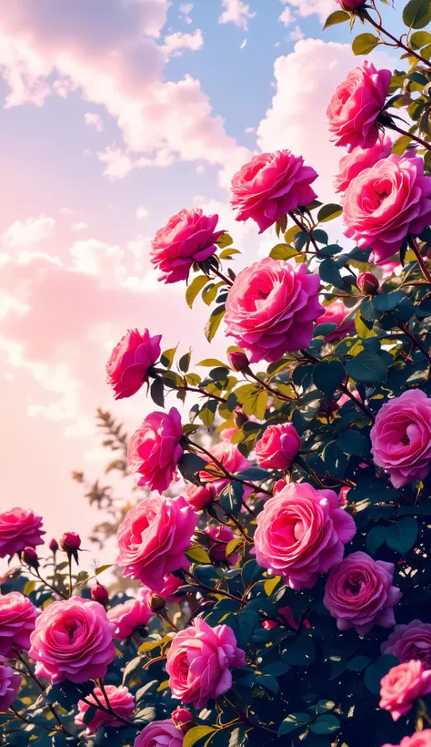 A close-up view of a rose bush with numerous vibrant pink roses. The roses are in various stages of bloom, filling the frame from the foreground to mid-ground. Lush green leaves are visible amongst the blossoms. The background shows a pale sky with soft pi...