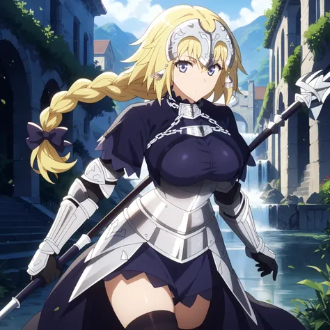 jeanne d arc, blonde hair, blue eyes, long hair, large breasts, armor, armored boots, armored dress, black gloves, black thighhighs, braid, dress, gauntlets, gloves, headpiece, blue dress, single braid, thighhighs, thigh gap, glossy skin, glistening skin, ...